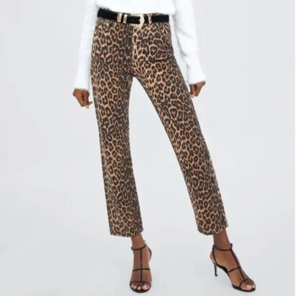 Zara  Animal Print Straight Jeans Leopard Print